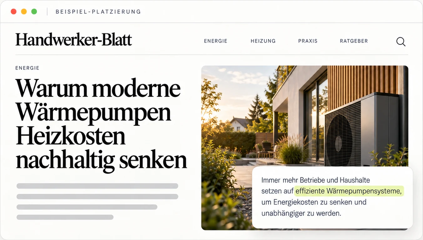 Beispiel für eine redaktionelle Platzierung zum Thema Wärmepumpe auf einer relevanten Fachwebsite.
