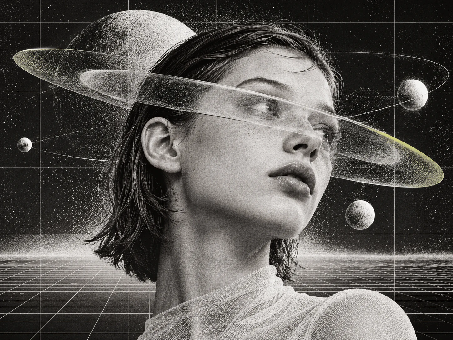 Collage: ein Gesicht im Profil, ein gläserner Ring zieht durch das Bild, Planeten über einem Raster.